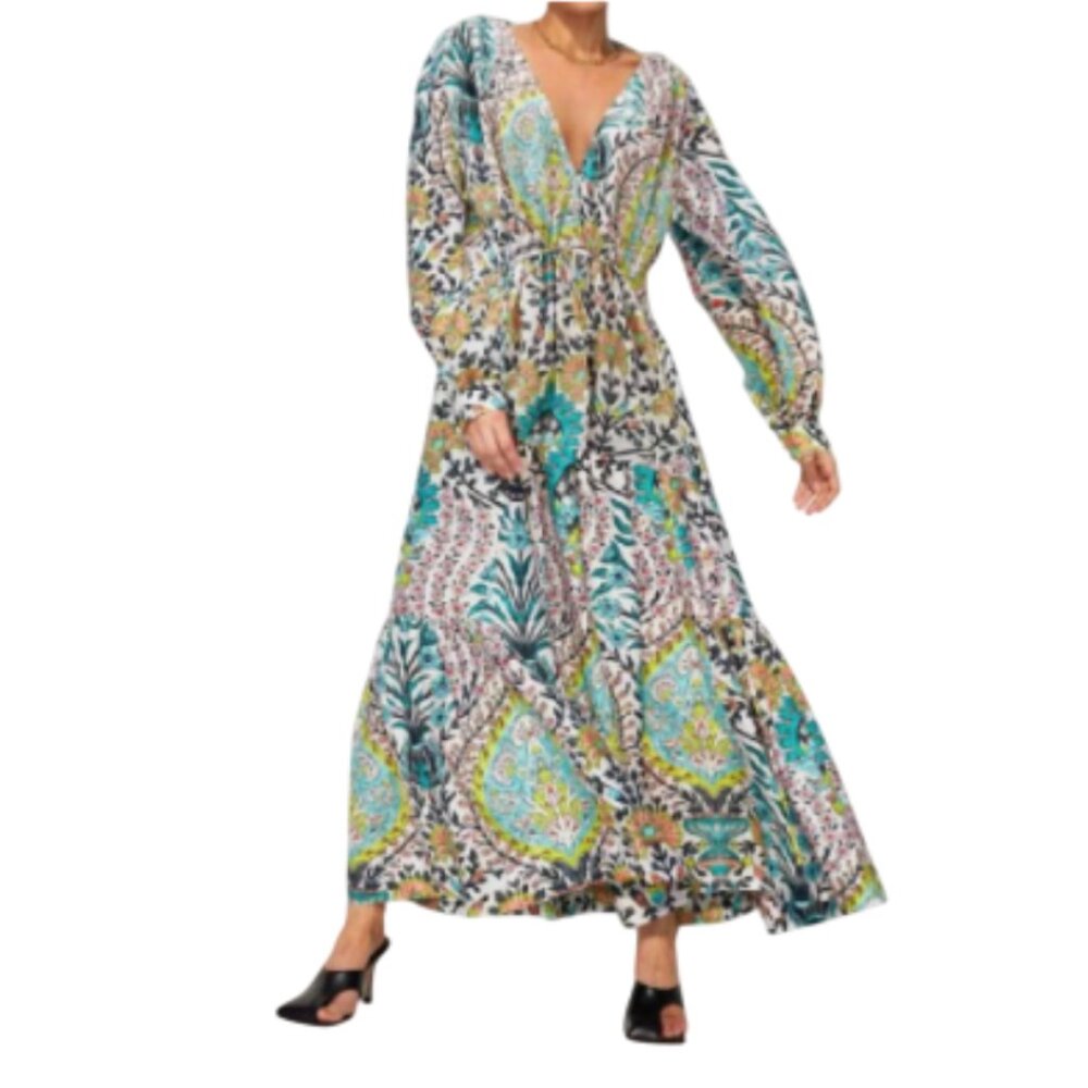 Maria Cher Algea Maxi Dress Womens Xs White Blue Floral V-Neck 3/4 Sleeve